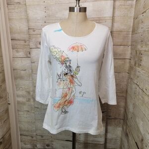 Chicos White Graphic 3/4 Sleeve Tee with Watercolor Parasol Lady